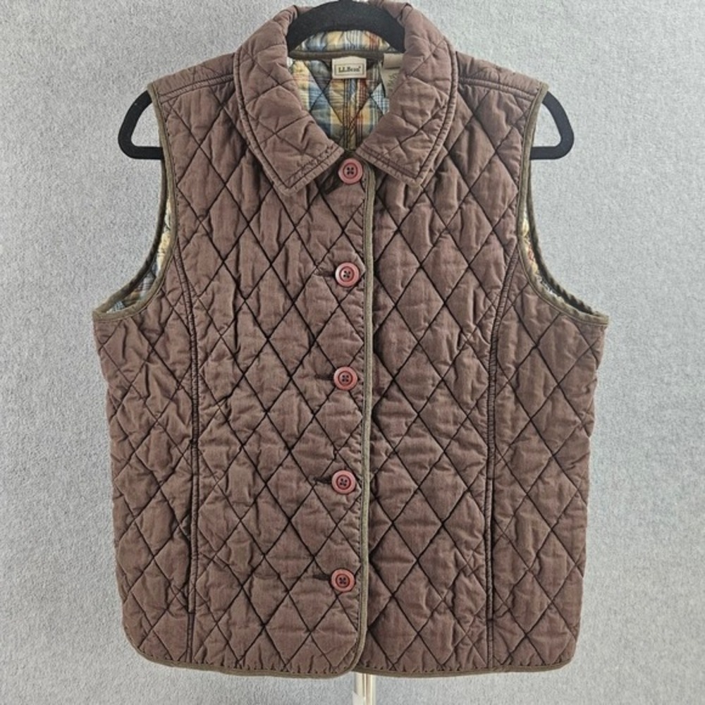 LL BEAN | Quilted Vest Chocolate Brown Plaid Interior Lining Vintage Outdoorsy